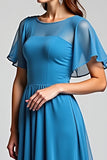 Blue Long Chiffon Mother of the Bride Dress with Short Sleeves